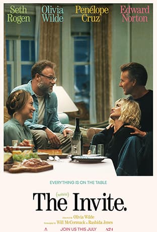 The Invite poster featuring Seth Rogen, Olivia Wilde, Penélope Cruz, and Edward Norton around a dinner table.