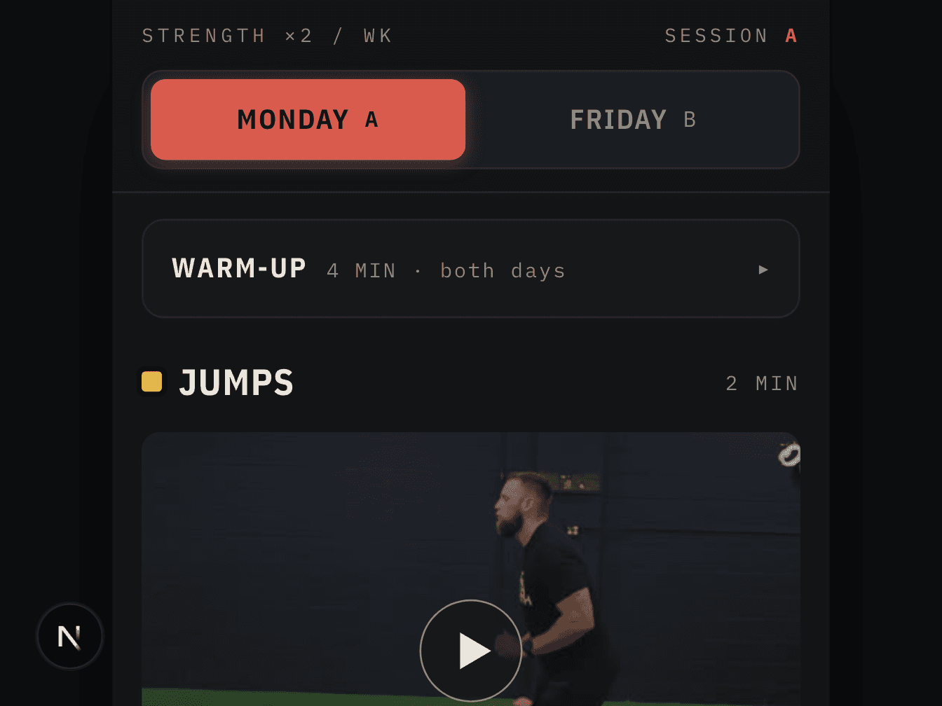 Strength Training interface showing the Monday and Friday sessions, warm-up, and jumps section.